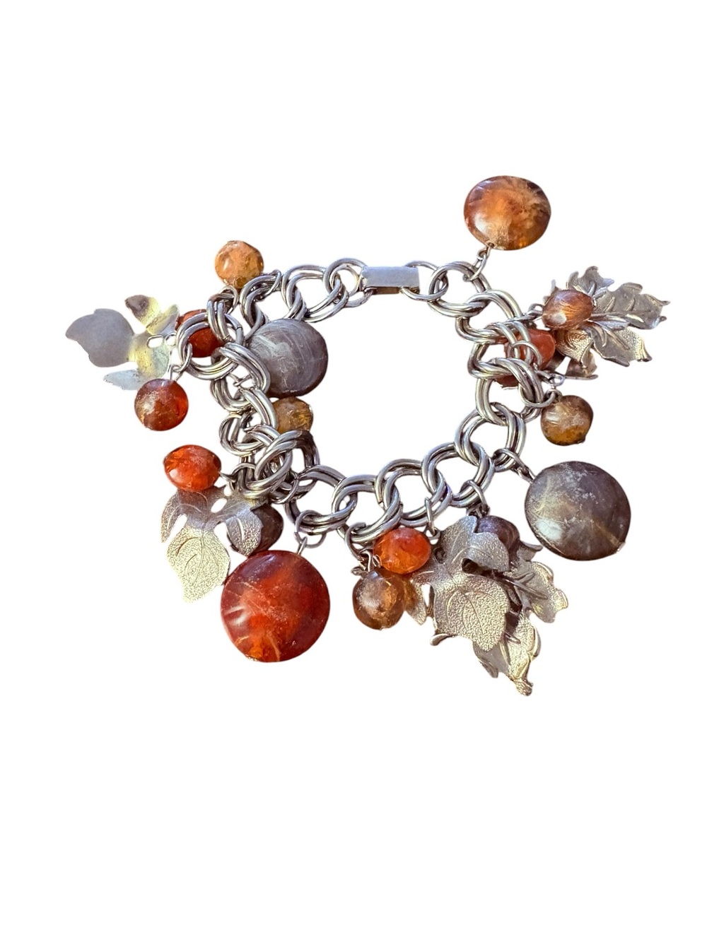 🦖 5 for $20 | Vintage Autumn Leaf Charm Bracelet Chunky Mid Century Orange